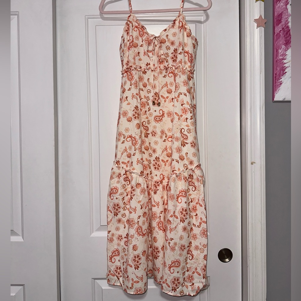 Pink orange and white floral midi dress with adjustable straps size XS
